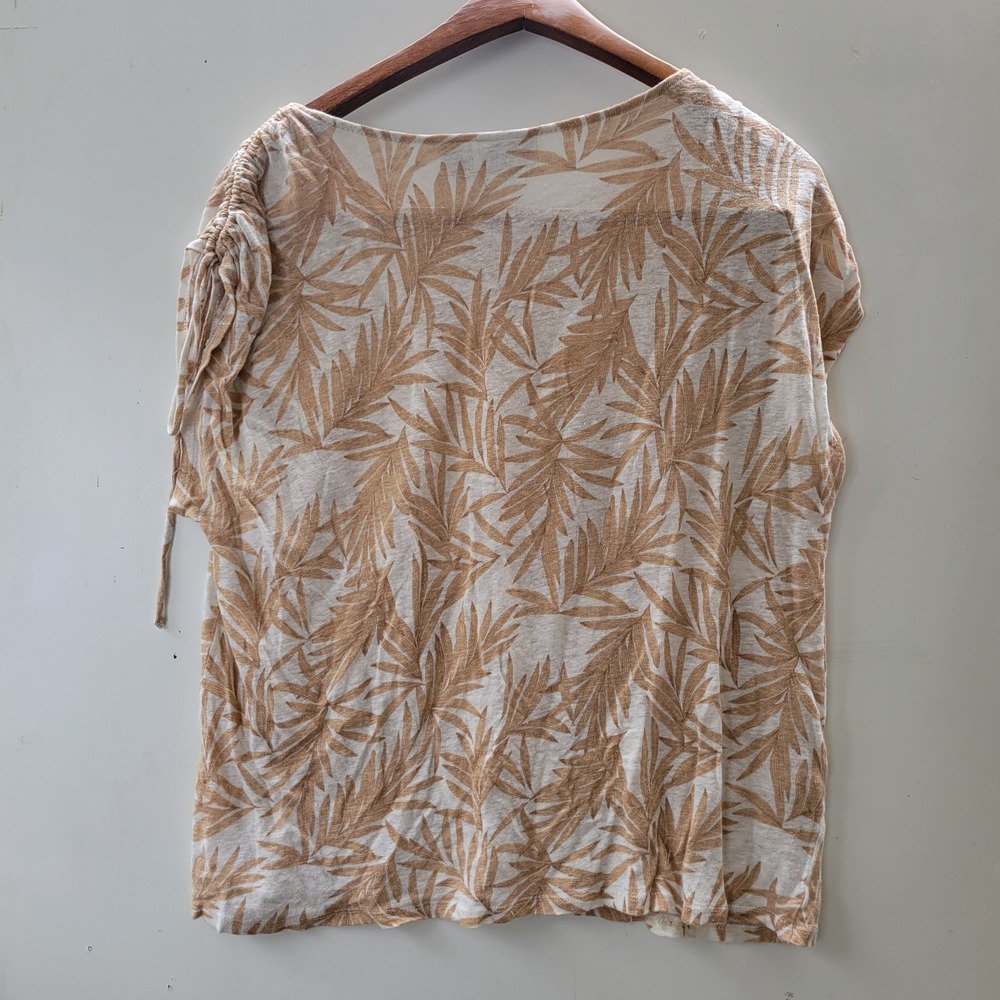 Nicole Miller New York XL Tan Palm Leaf 100% Linen Ruched Shoulder Tie Top - Picture 8 of 8